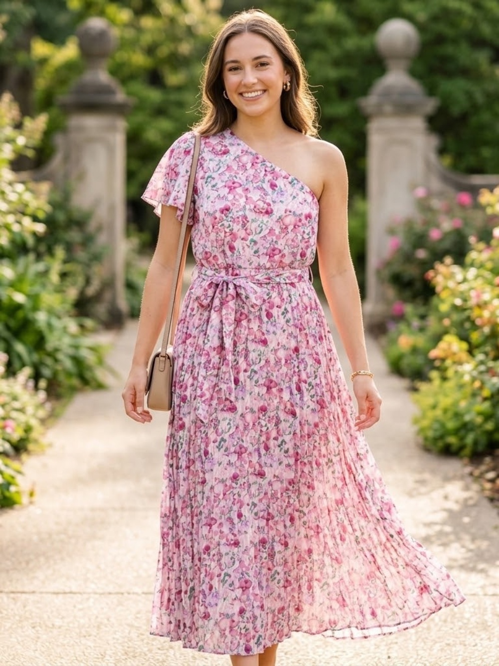 BTFBM one-shoulder pink floral maxi dress — size S